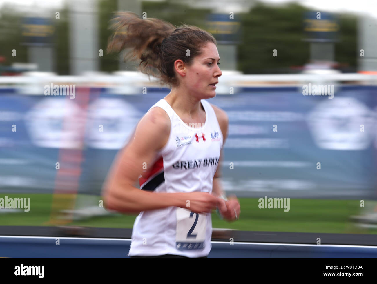 Great Britain's Kate French during the run shoot discipline during women's finals day on day six of the 2019 European Modern Pentathlon Championships at the University of Bath. Stock Photo