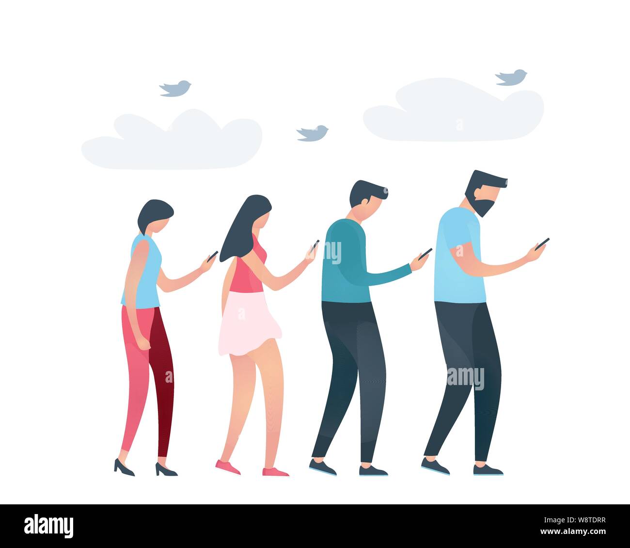 Group of four people that follow each other and looking at phones, walking in a line. Birds are flying at the same direction. Vector illustration Stock Vector