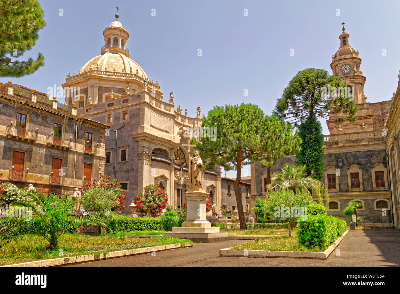 Garden courtyard of St. Agatha's Cathedral and the church of the Abbey of St. Agatha at Catania, Sicily, Italy. Stock Photo