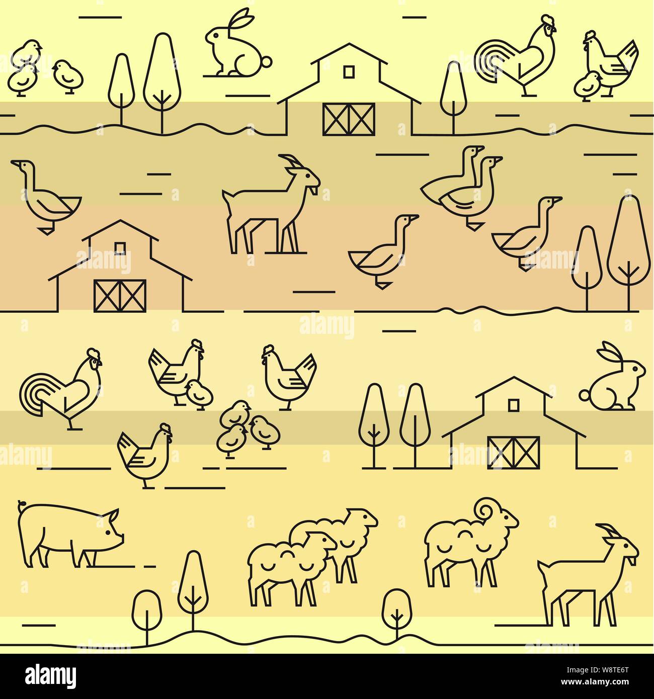 Seamless vector pattern of farm animals, buildings, equipment and other ...