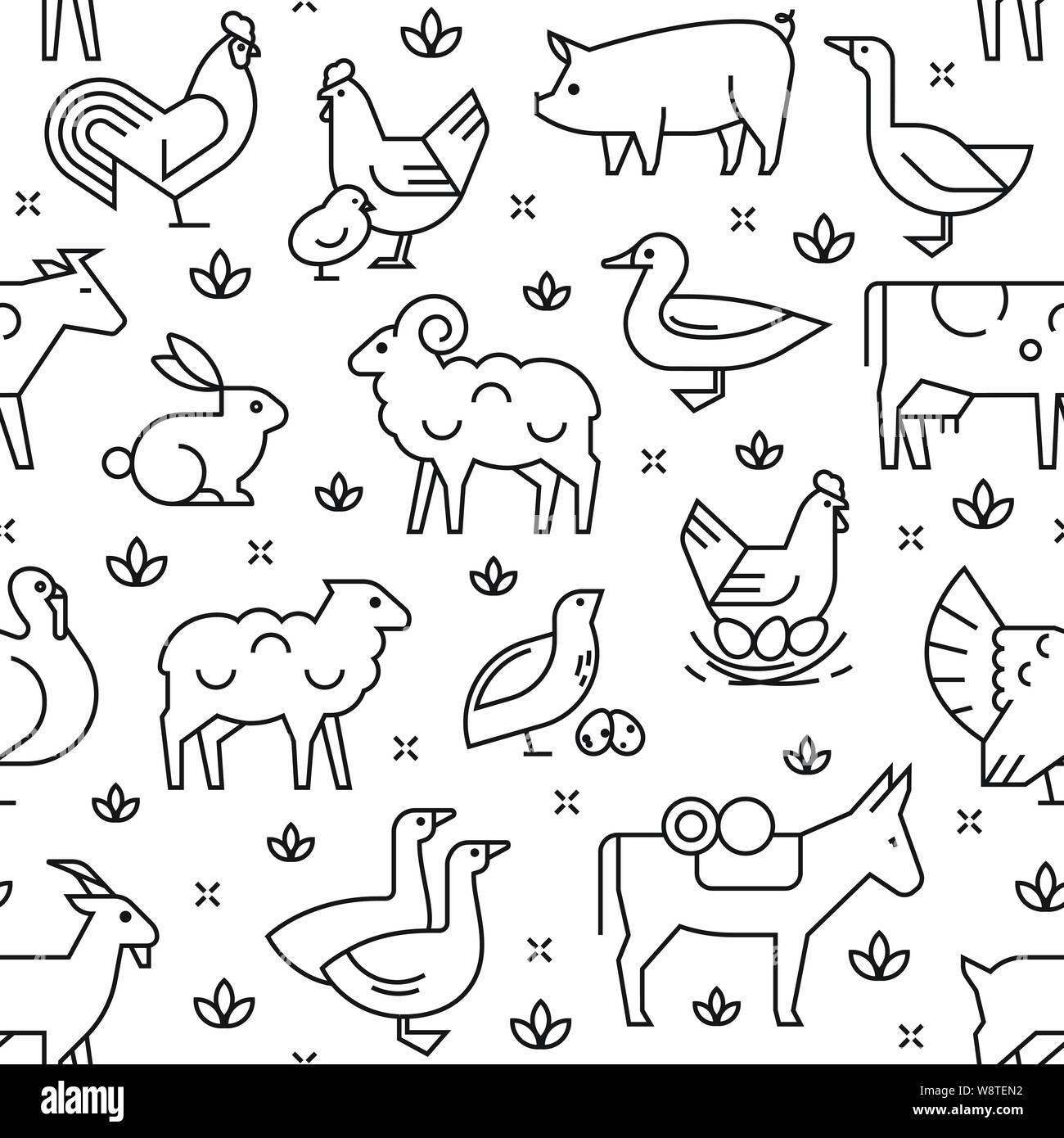 Seamless vector pattern of farm animals, buildings, equipment and other ...