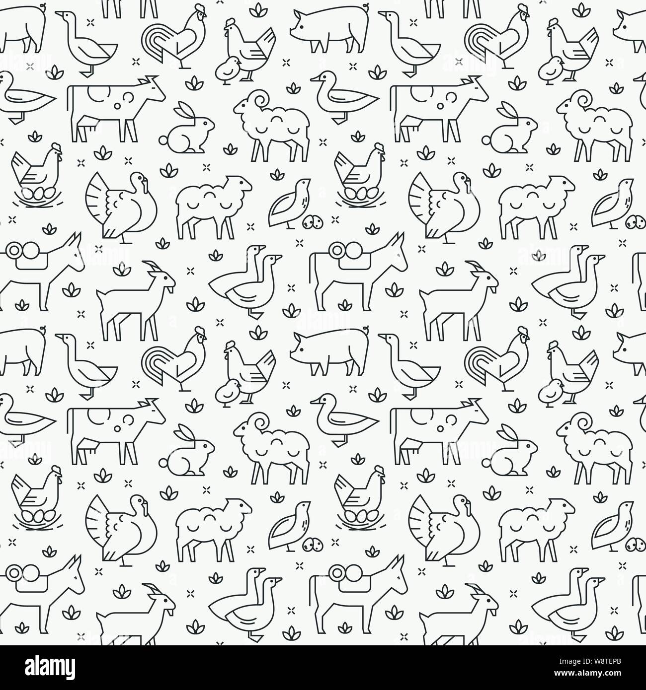Seamless vector pattern of farm animals, buildings, equipment and other ...