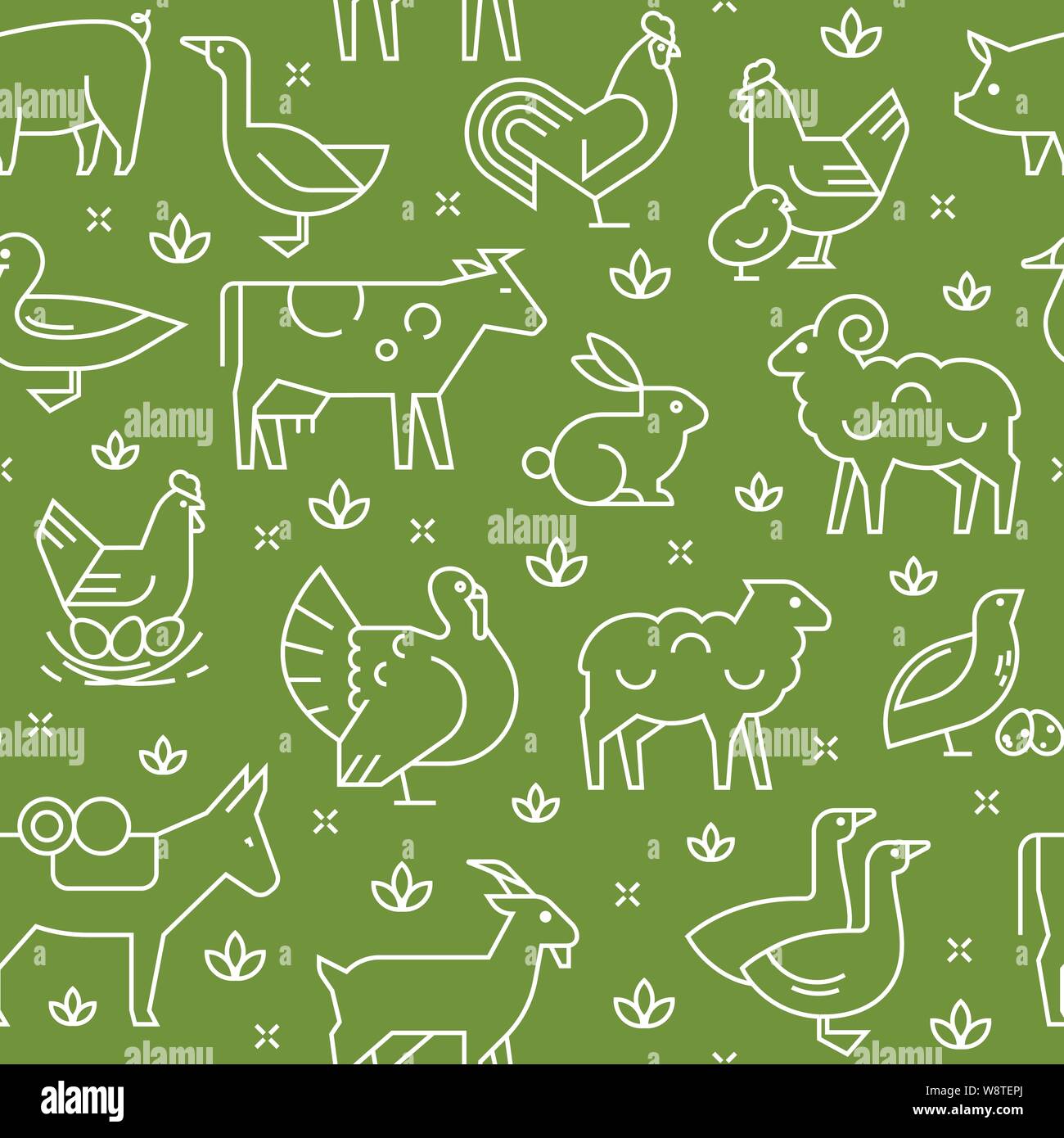 Green seamless vector pattern of farm animals, buildings, equipment and ...