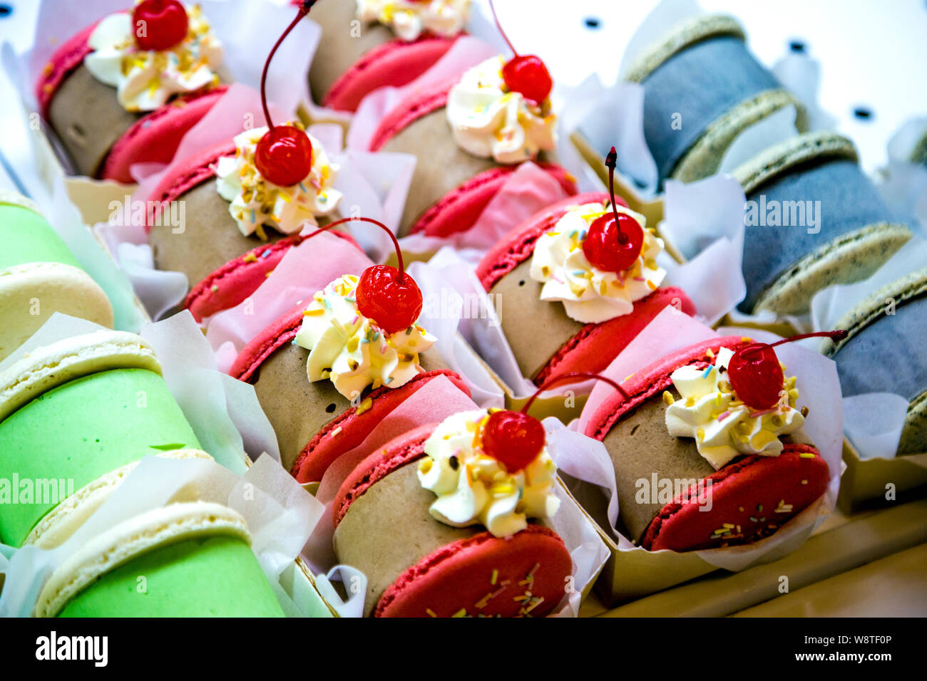 Macaron ice cream sandwiches at Yolkin, Soho, London, UK Stock Photo
