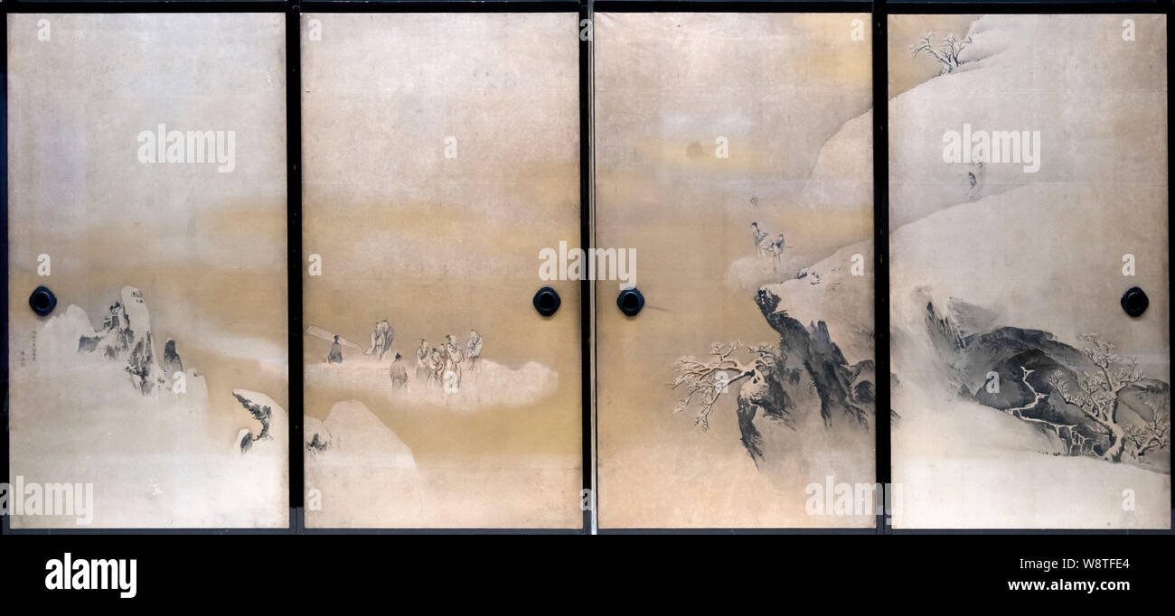 Door panel paintings, Landscape in the Snow by Maruyama Ōkyo (1733-1795), ink on gold painted paper, Edo period dated 1787,  National Museum, Tokyo, Japan Stock Photo