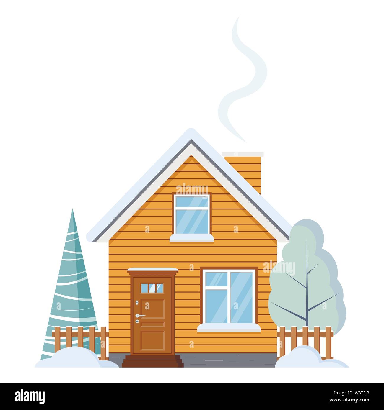 Flat design isolated wooden rural farm house with attic, chimney, fences, with snowy winter tree and spruce. Stock Vector