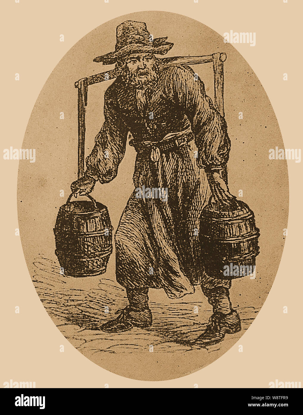 Ancient London water carrier  or water seller who collected  water from   a well, river,water pump etc. and transported it in containers in people's homes, or alternatively sold it on the streets to passers by. He is seen here using a typical wooden yoke Stock Photo