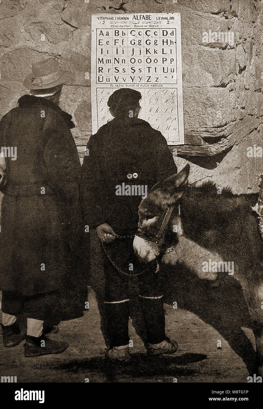Turkey  change of alphabet from Turkish   to Western - Public posters helped ordinary people convert to the new system. It became  compulsory by 1 January 1929 and was part of a personal initiative of the founder of the Turkish Republic, Mustafa Kemal Atatürk to modernise the country Stock Photo