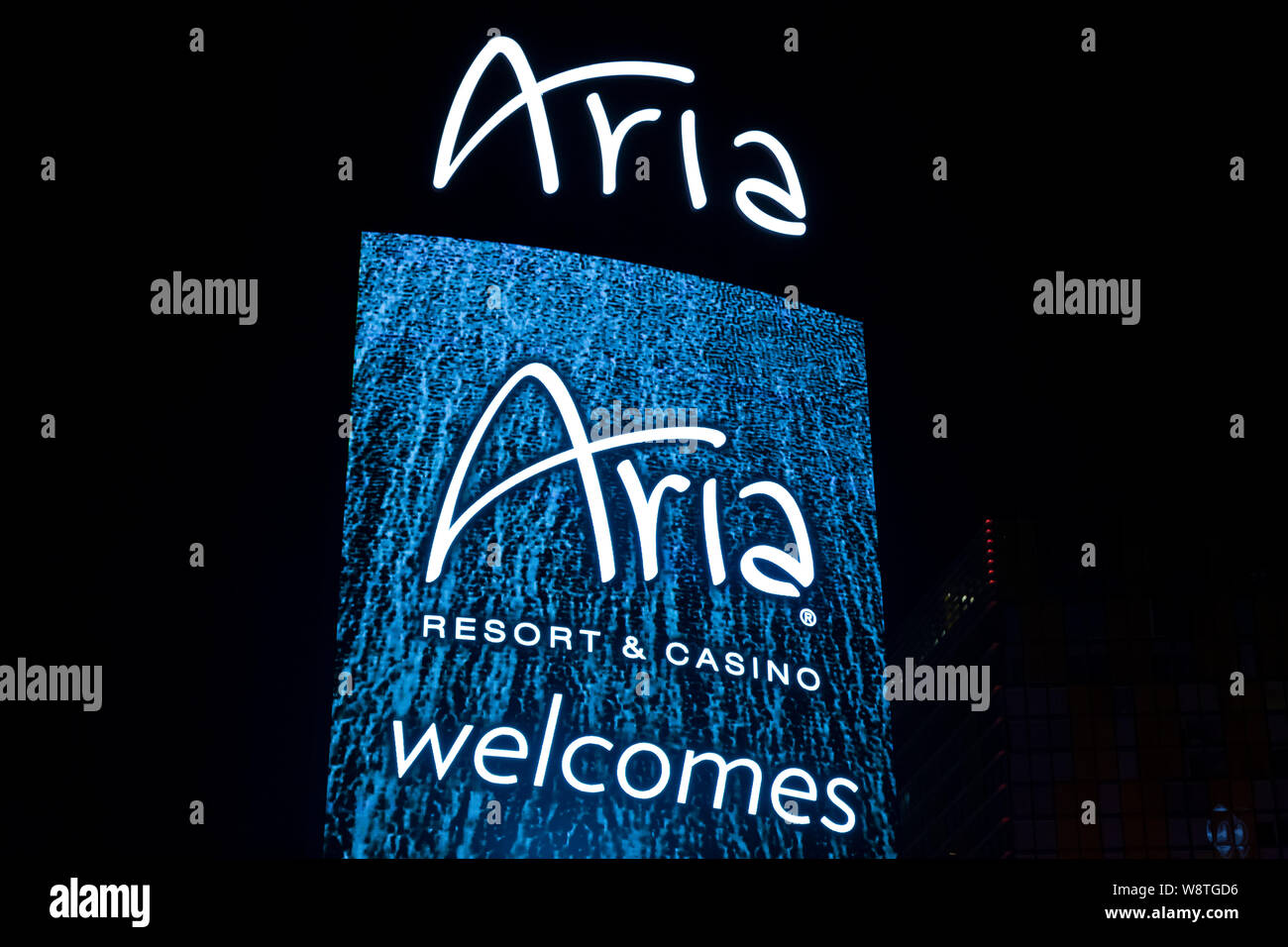 LAS VEGAS, NV/USA - FEBRUARY 14, 2016: The Aria hotel and casino exterior sign at night. Aria Resort and Casino is a luxury resort and casino on the L Stock Photo