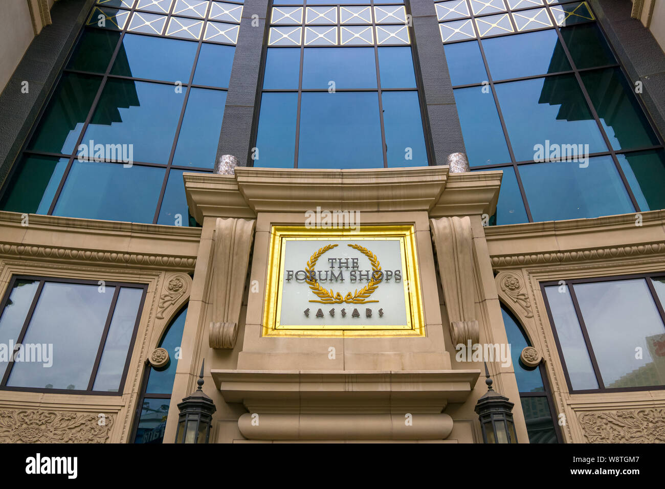 LAS VEGAS, NV/USA - FEBRUARY 14, 2016: The Forum Shops entrance and logo at Caesars Palace. The Forum Shops at Caesars is ashopping mall connected to Stock Photo