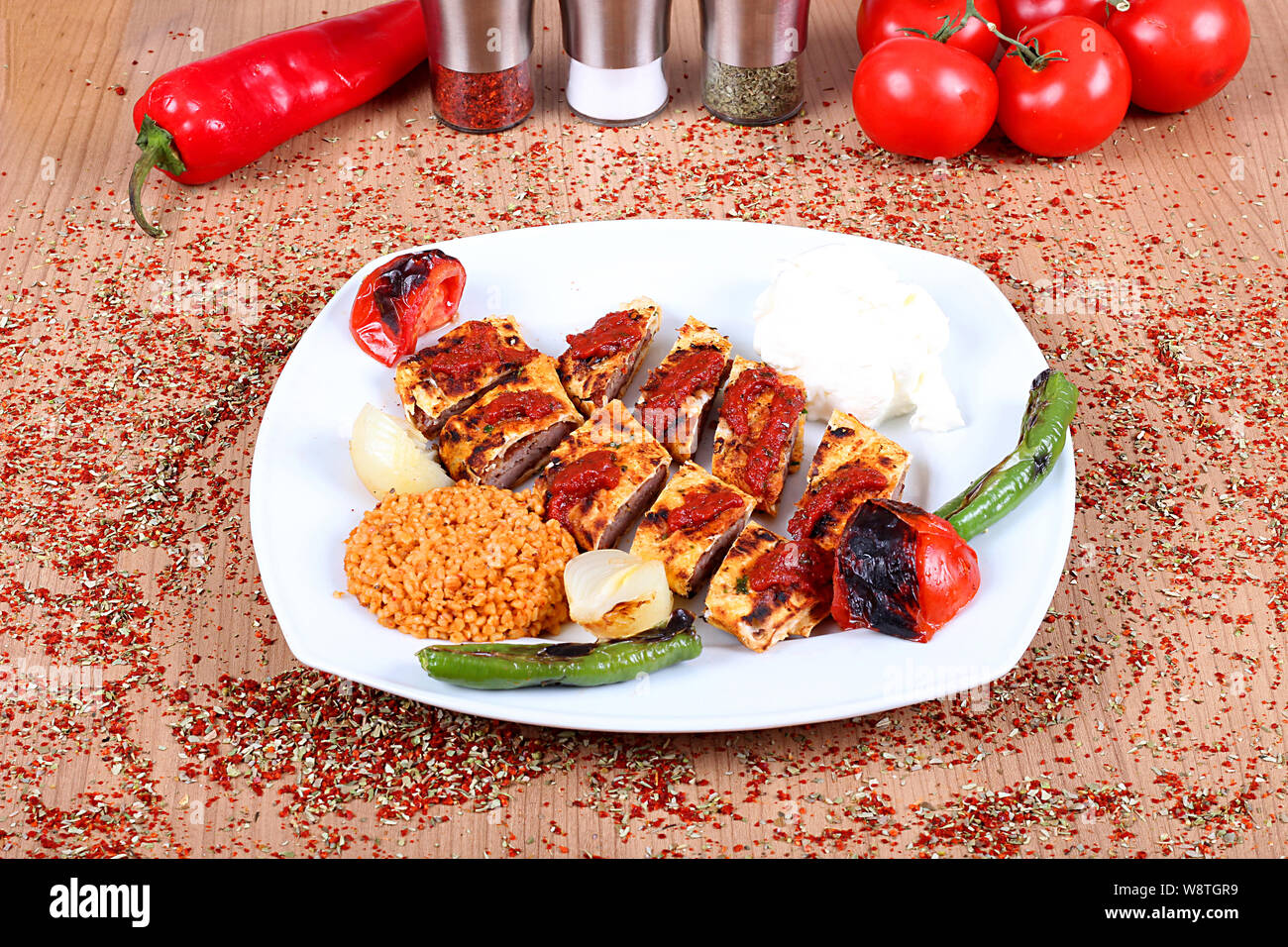 Beef kebab with yogurt onion and pepper Stock Photo Alamy