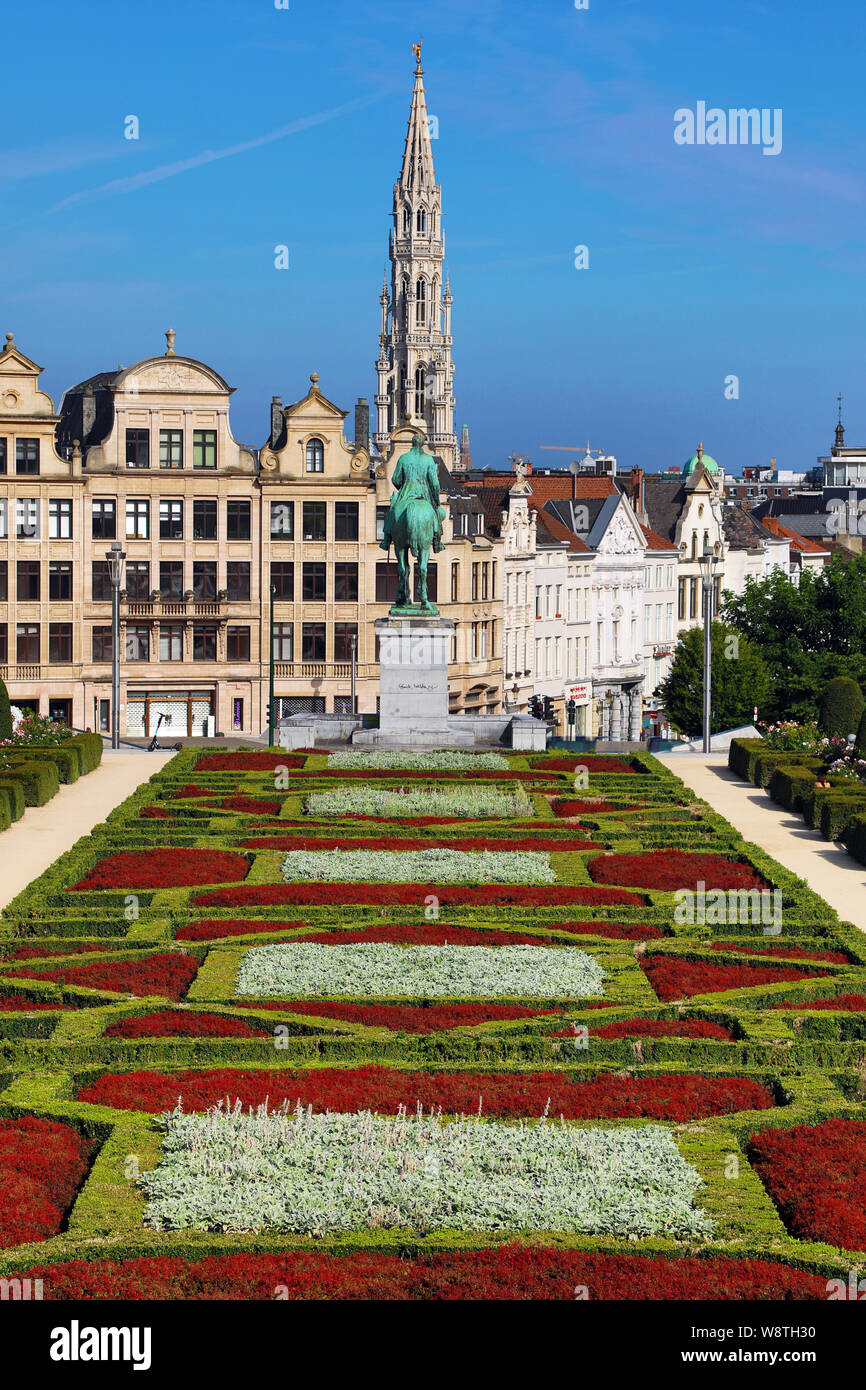 Mont des Arts Gardens and Tower of the Town Hall, Brussels, Belgium Stock Photo
