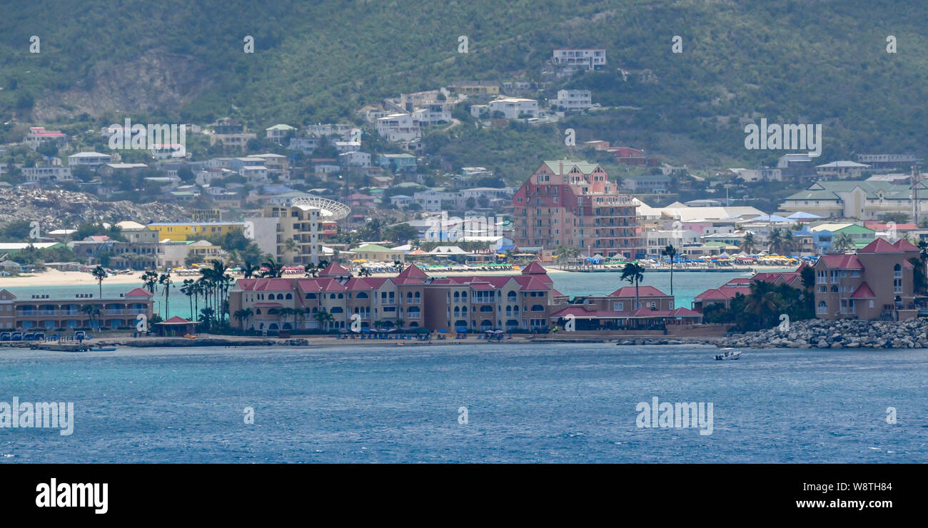 St. Maarten island hotel - Sint Maarten island - luxury hotel on Saint-Martin near Philipsburg - blue Caribbean bay water Stock Photo