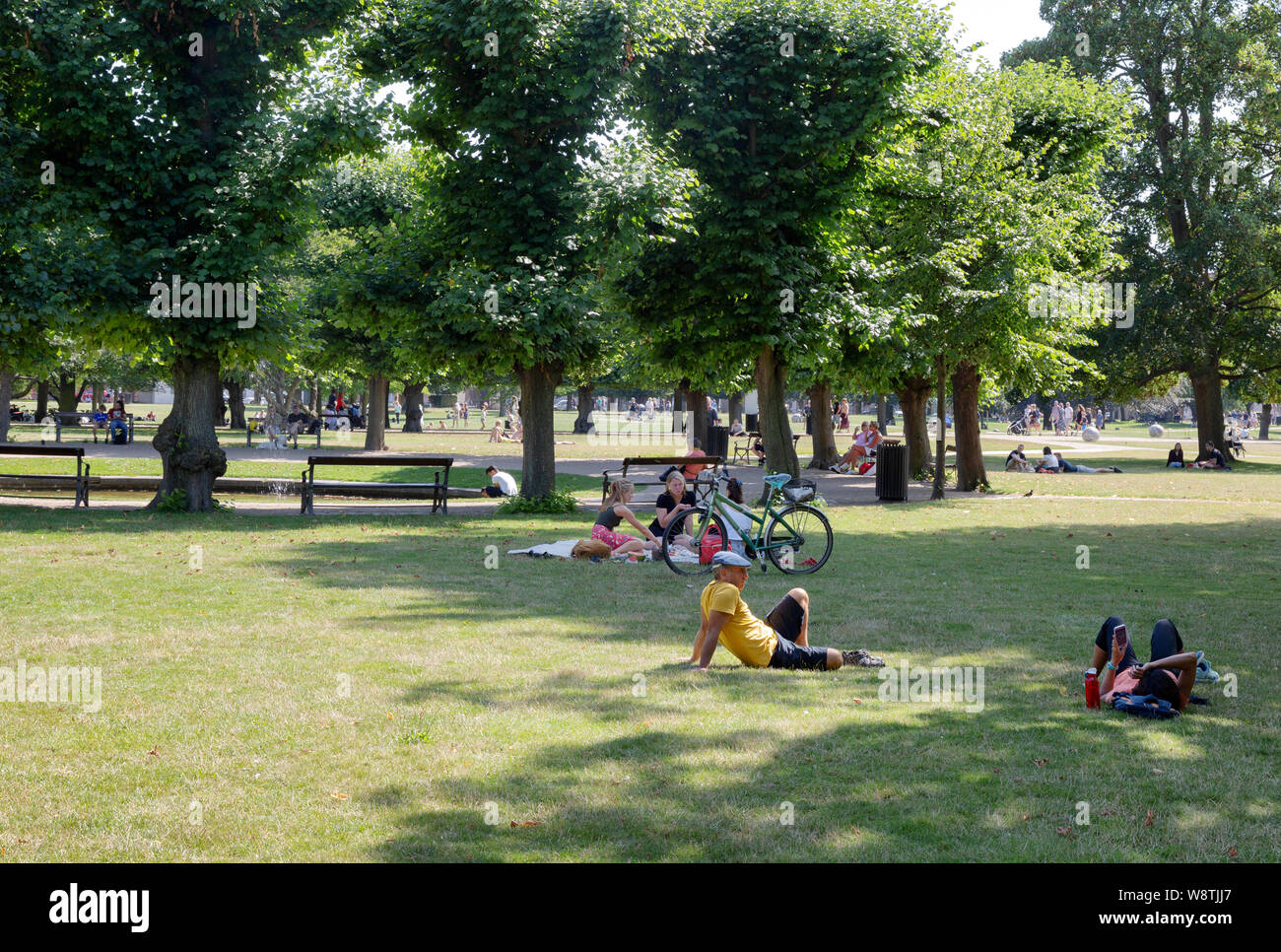 Copenhagen Park; people relaxing on a sunny summers day in August in Kongens Have ( The Kings garden ), Copenhagen city centre, Copenhagen Denmark Stock Photo
