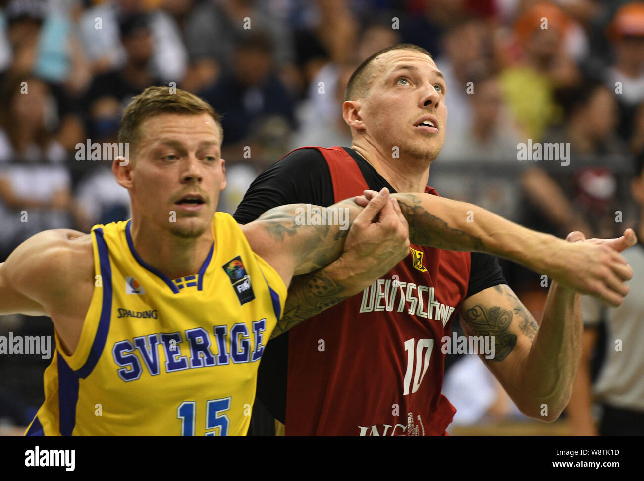 Trier, Germany. 11th Aug, 2019. Basketball: international, Germany - Sweden. Daniel Theis (right) against the Swede Victor Gaddefors. Credit: Harald Tittel/dpa/Alamy Live News Stock Photo