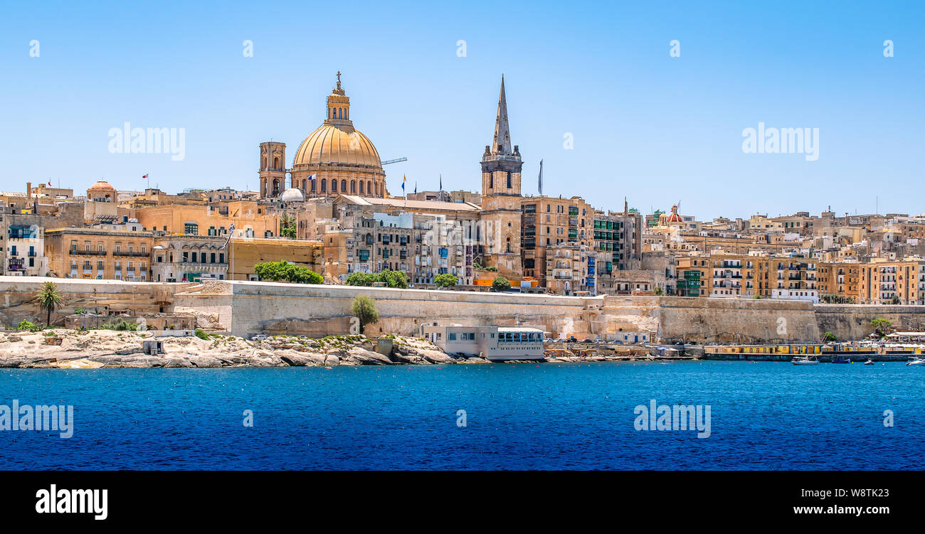 Panoramic skyline and harbor view of Valletta, Malta. Stock Photo