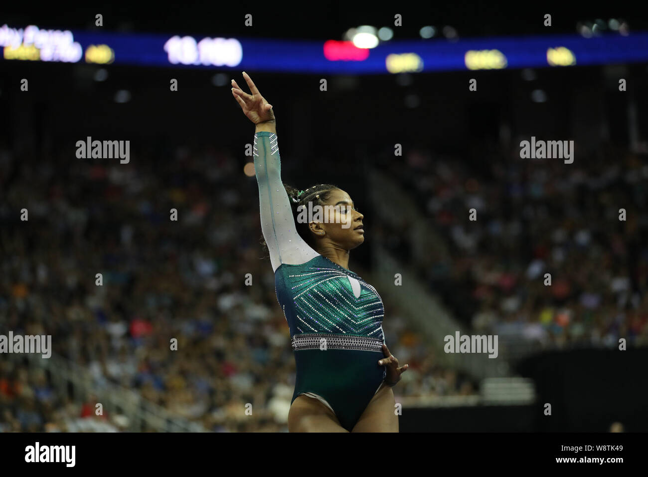 August 9, 2019: Gymnast Jordan Chiles competes during day one of the senior women's competition at the 2019 US Gymnastics Championships, held in Kansas City, MO. Melissa J. Perenson/CSM Stock Photo