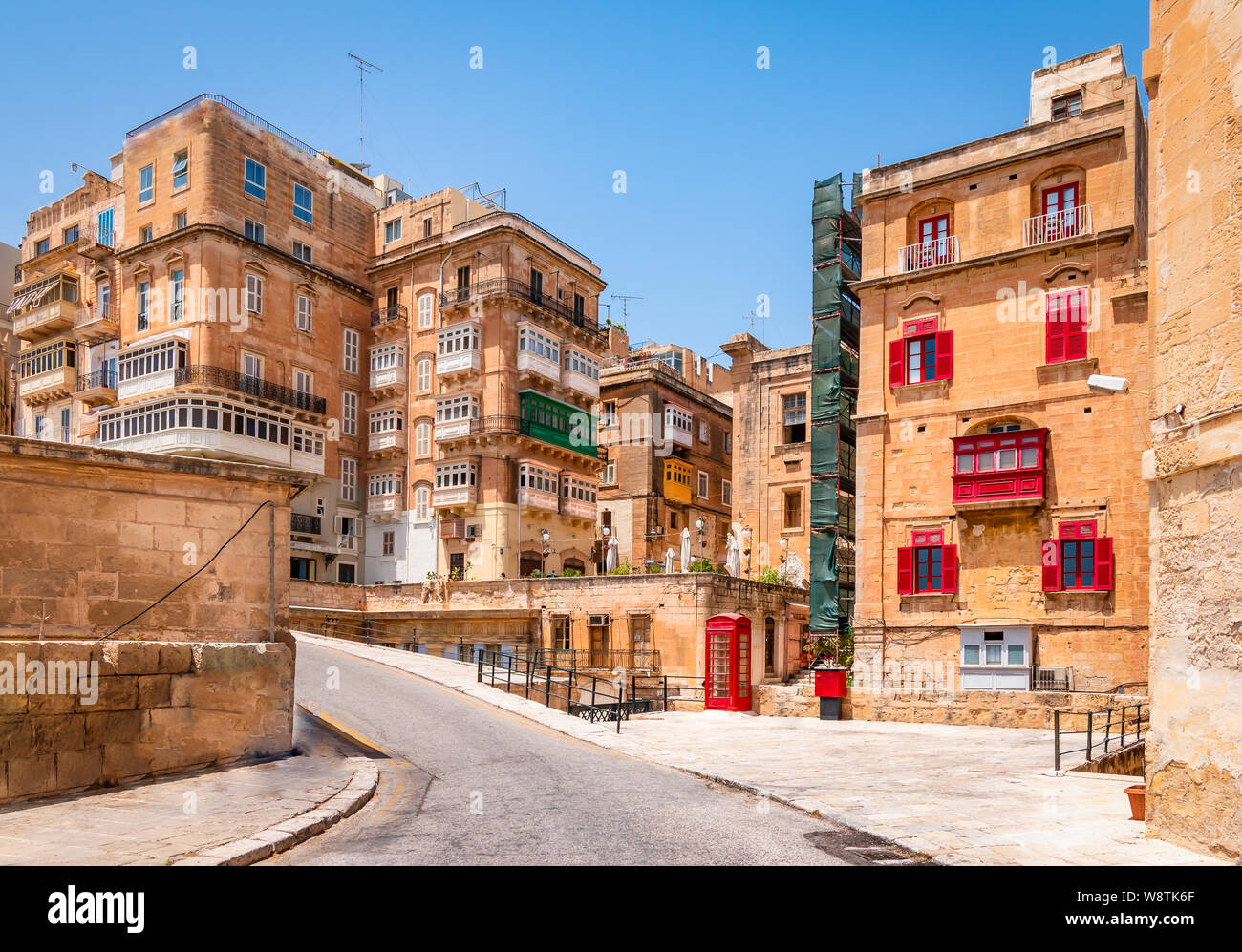 Historic city centre of Valletta, Malta. Beautiful architecture with traditional balconies. Stock Photo