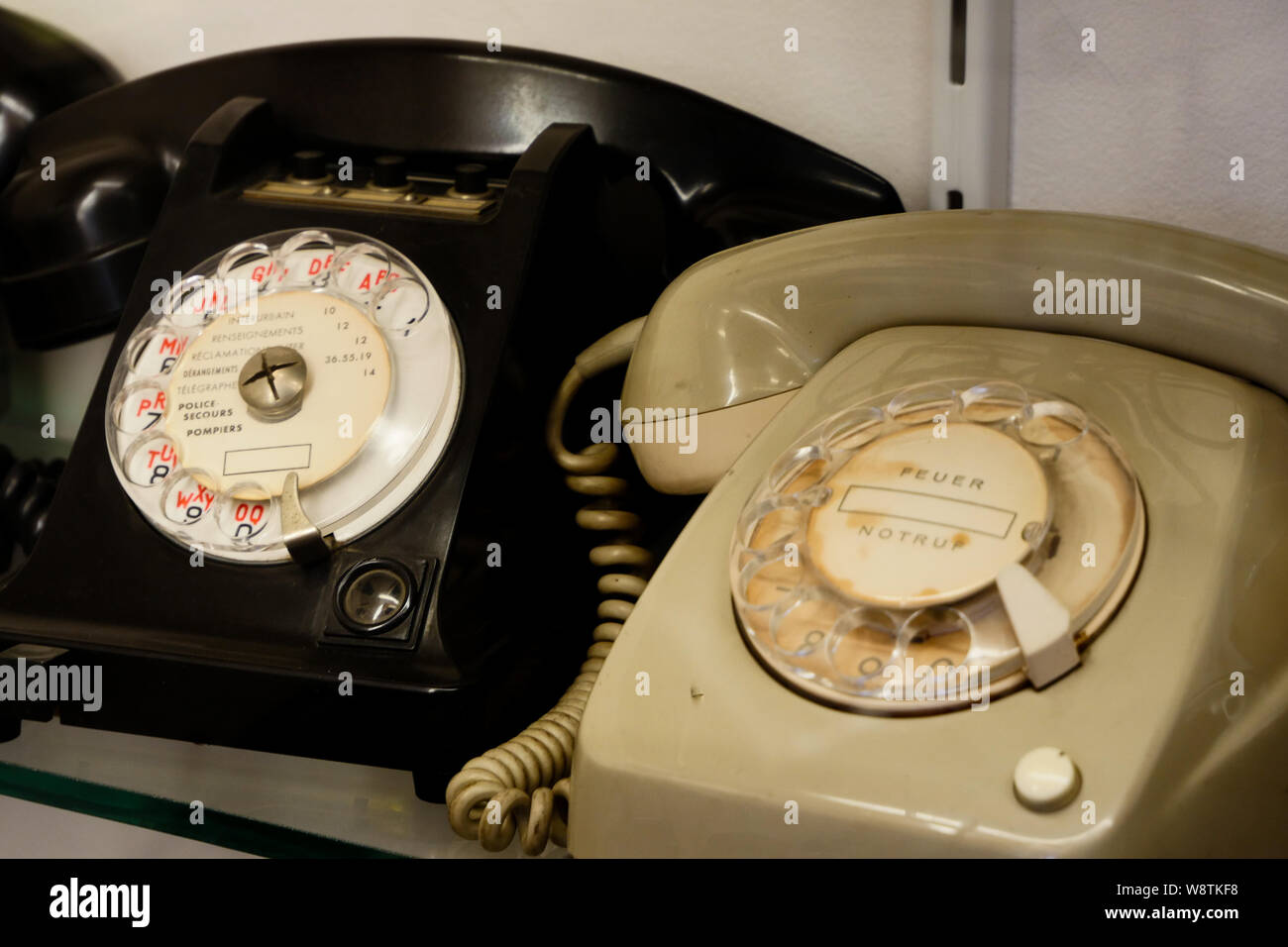 Old telephones, Saint-Jean du Gard, Gard, France Stock Photo