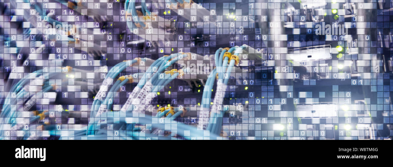 Binary code on datacenter background. Cyber space concept. UniqueTechnology Wallpaper Stock Photo
