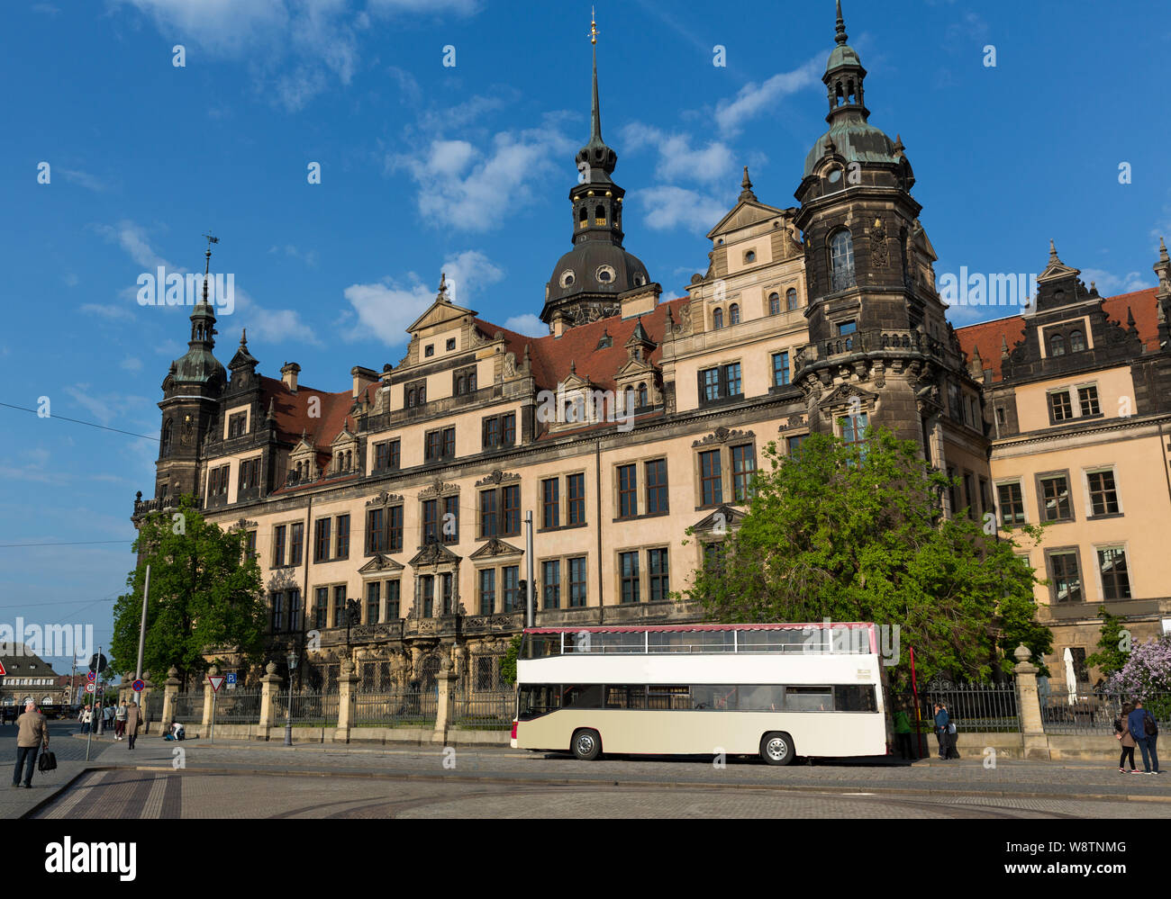 Tour bus at European attractions, ancient castle Stock Photo