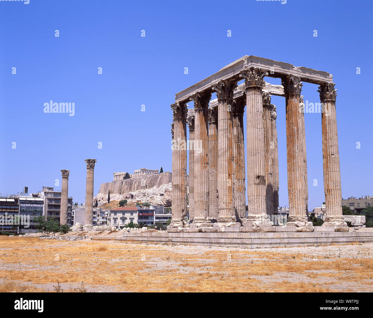 View of the Acropolis from Temple of Olympian Zeus, Athens (Athina), Central Athens, Greece Stock Photo