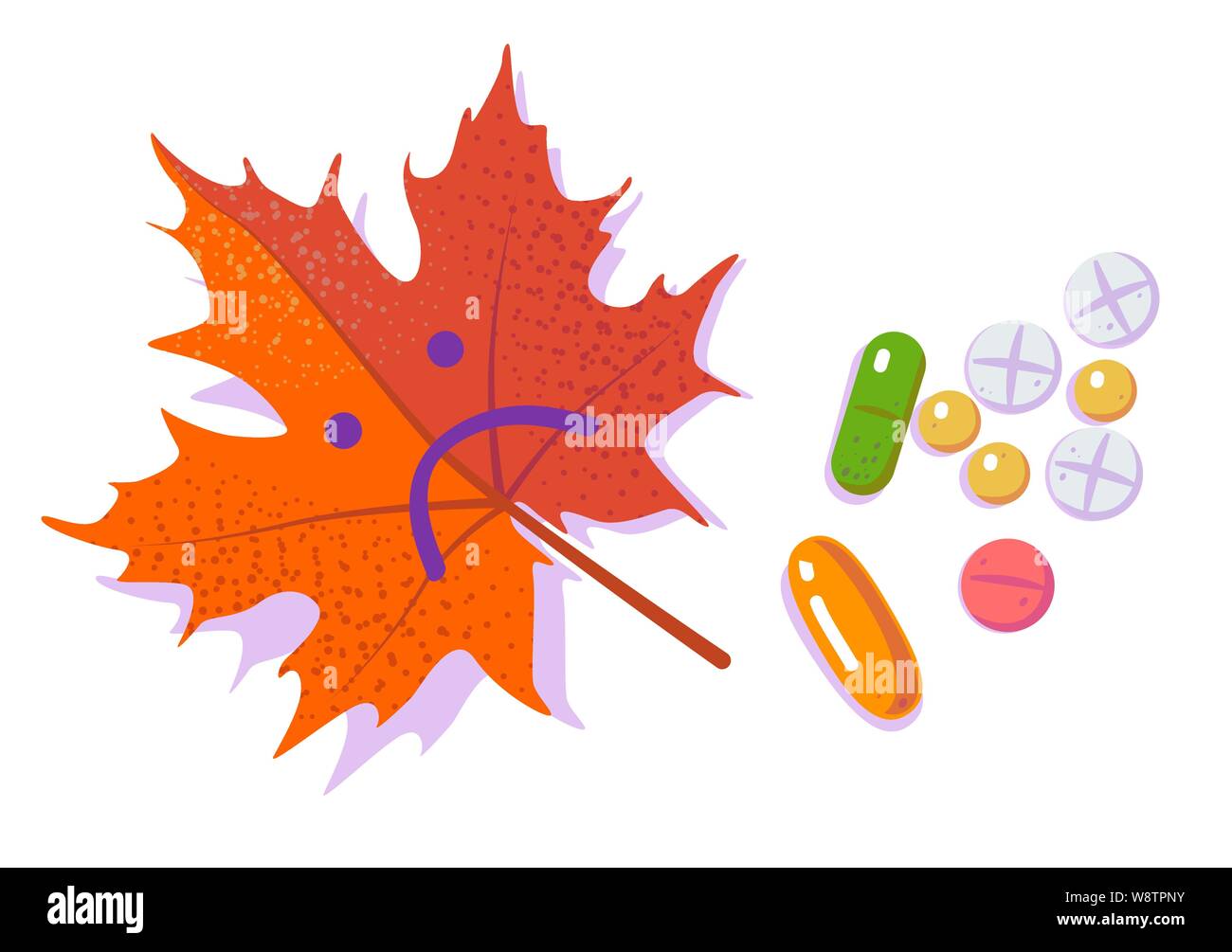 Pills and red sad leaf. Seasonal depression and Antidepressants. Autumn