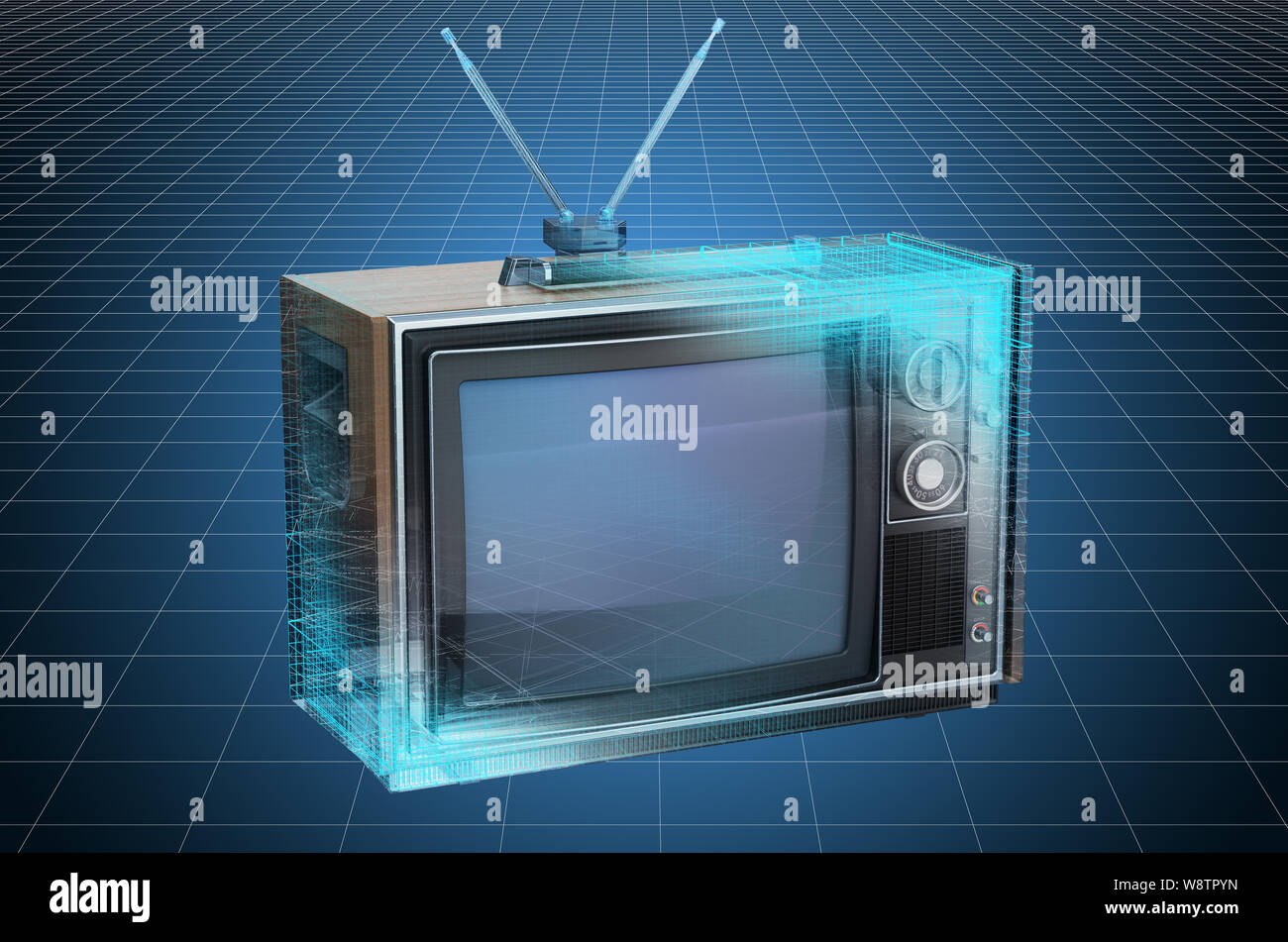 Visualization 3d cad model of vintage TV set, blueprint. 3D rendering Stock Photo