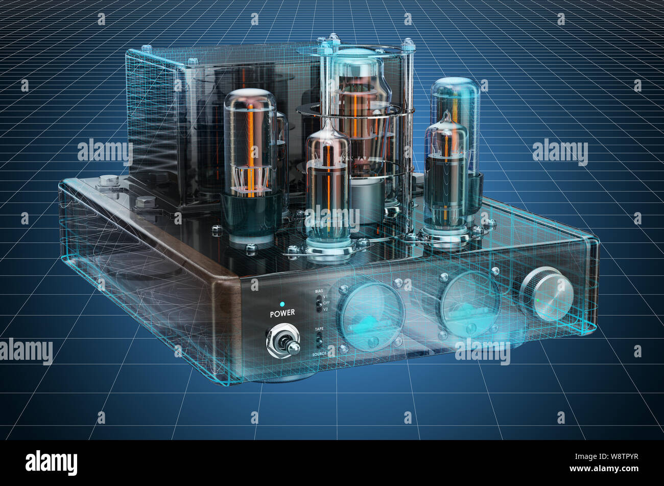 Visualization 3d cad model of vintage vacuum tube amplifier. 3D rendering Stock Photo