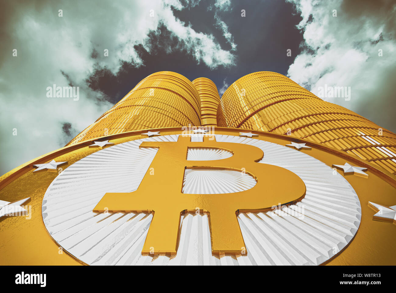 Bitcoin 'Skyscraper' - looking up a giant stack of Bitcoins - Bitcoin stacks representing Sykscrapers - 3D Rendering Stock Photo