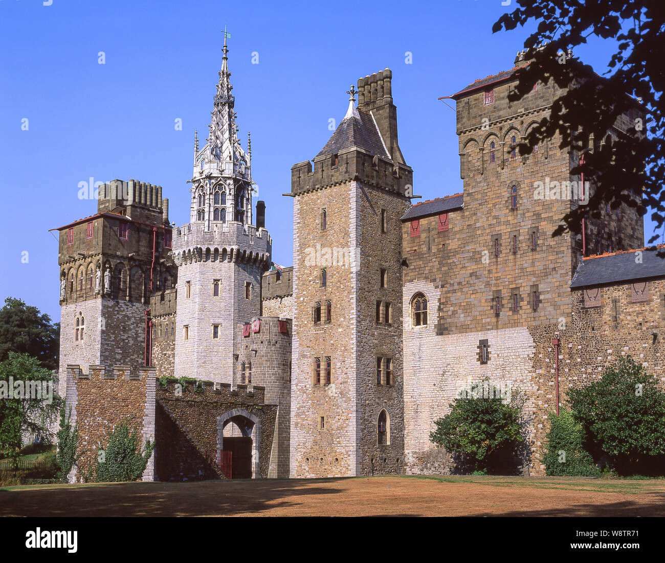 Cardiff Castle walls from Bute Park, Cardiff, Wales, United Kingdom