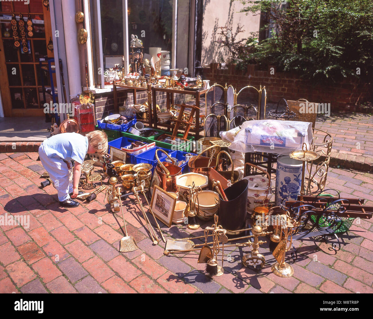 Antique shop pavement display, High Street, Royal Tunbridge Wells, Kent, England, United Kingdom Stock Photo