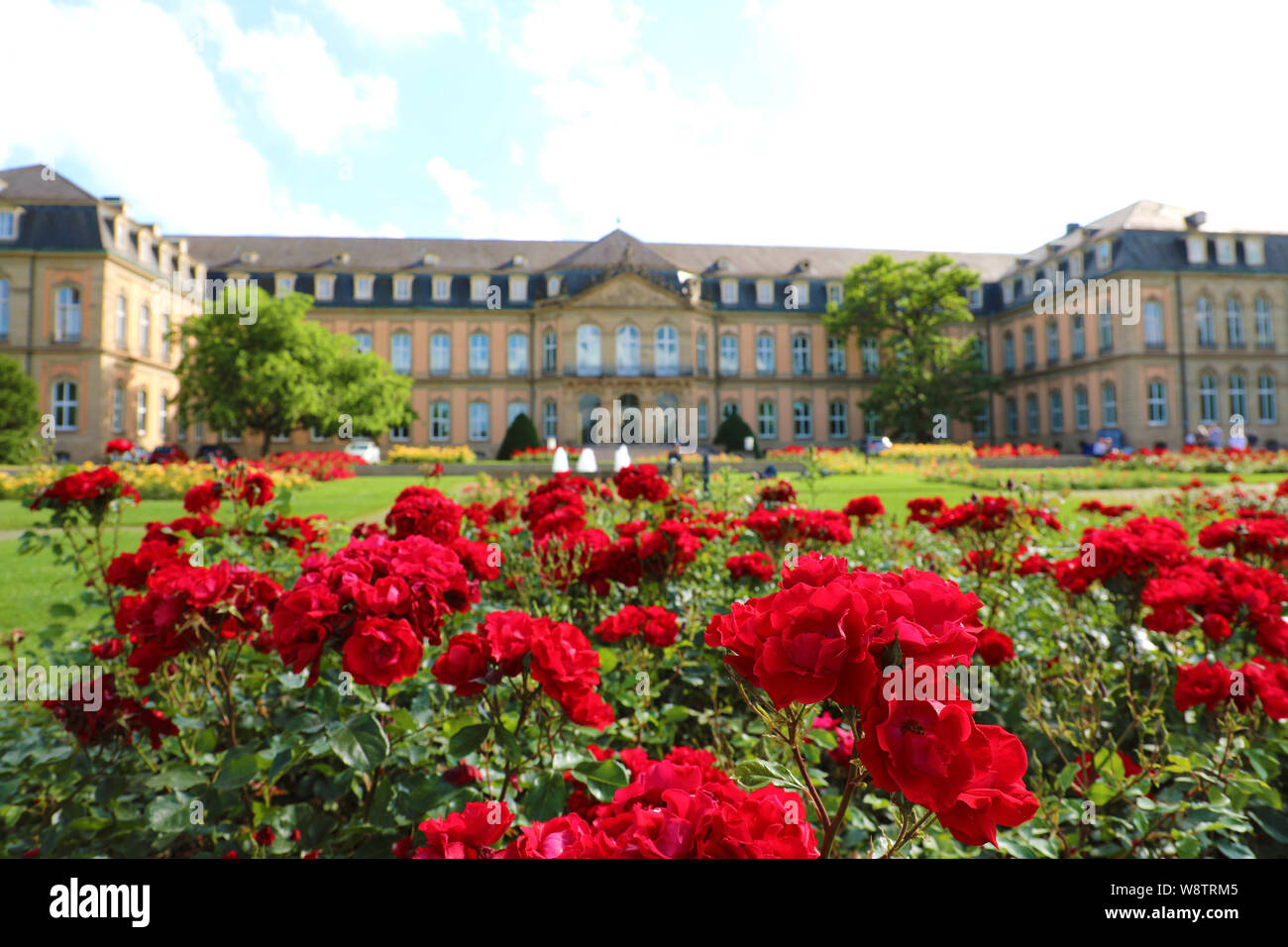 Neues Schloss (New Palace) and Oberer Schloßgarten garden of Stuttgart, Germany. Focus on the red roses garden. Stock Photo