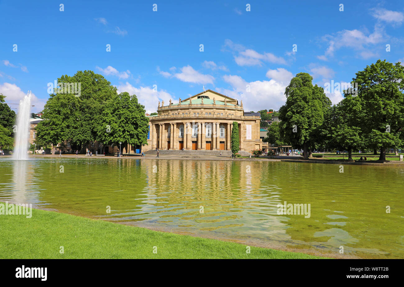 Stuttgart theatre building and fountain in Eckensee lake, Germany Stock Photo