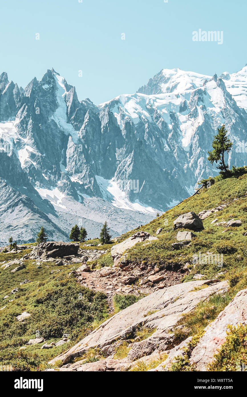 Alpine landscape with snow capped mountains including the highest mountain of Europe Mount Blanc. Late summer near Chamonix, France. French Alps in summer. Adventure, mountain hiking. Vertical photo. Stock Photo