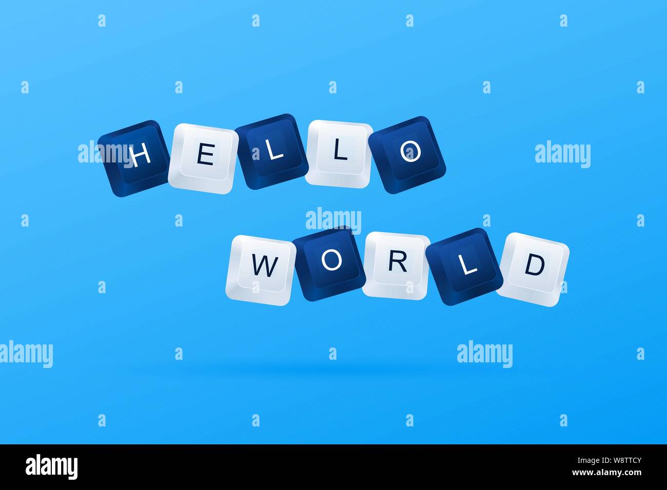HELLO WORLD message from a first computer program. HELLO WORLD message word written with computer buttons. Computer keyboard keys. Programming Learnin Stock Vector