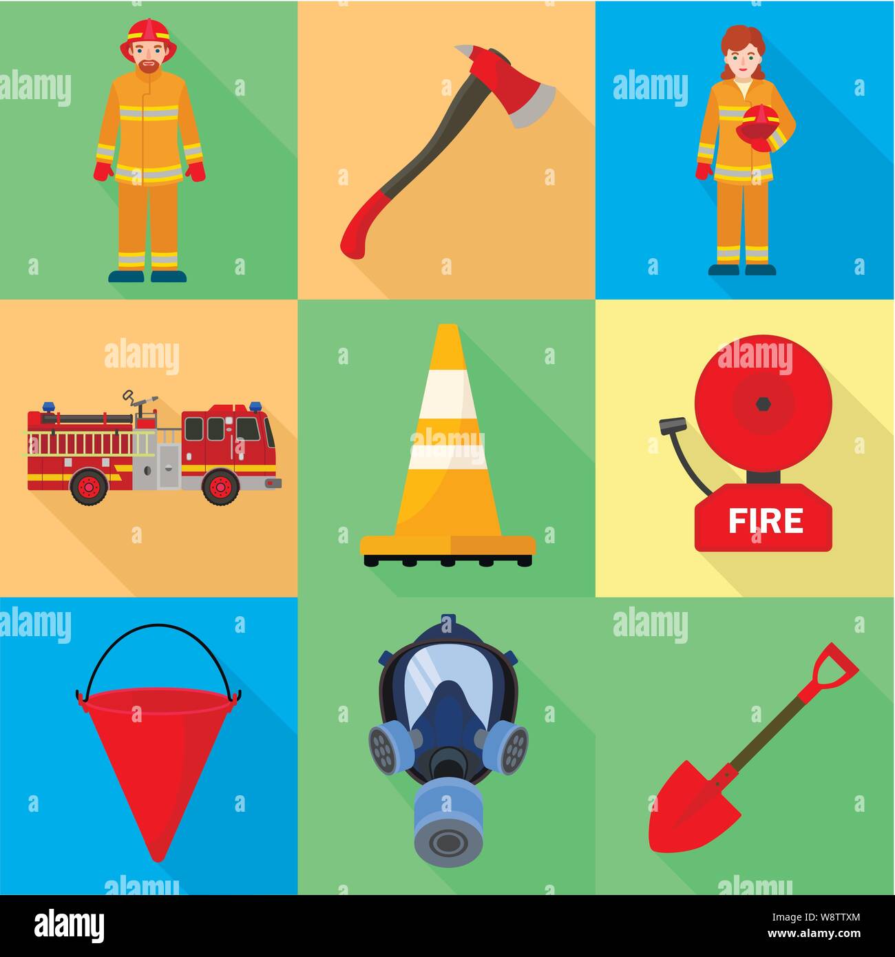 Firefighter job icon set. Flat set of 9 firefighter job vector icons ...