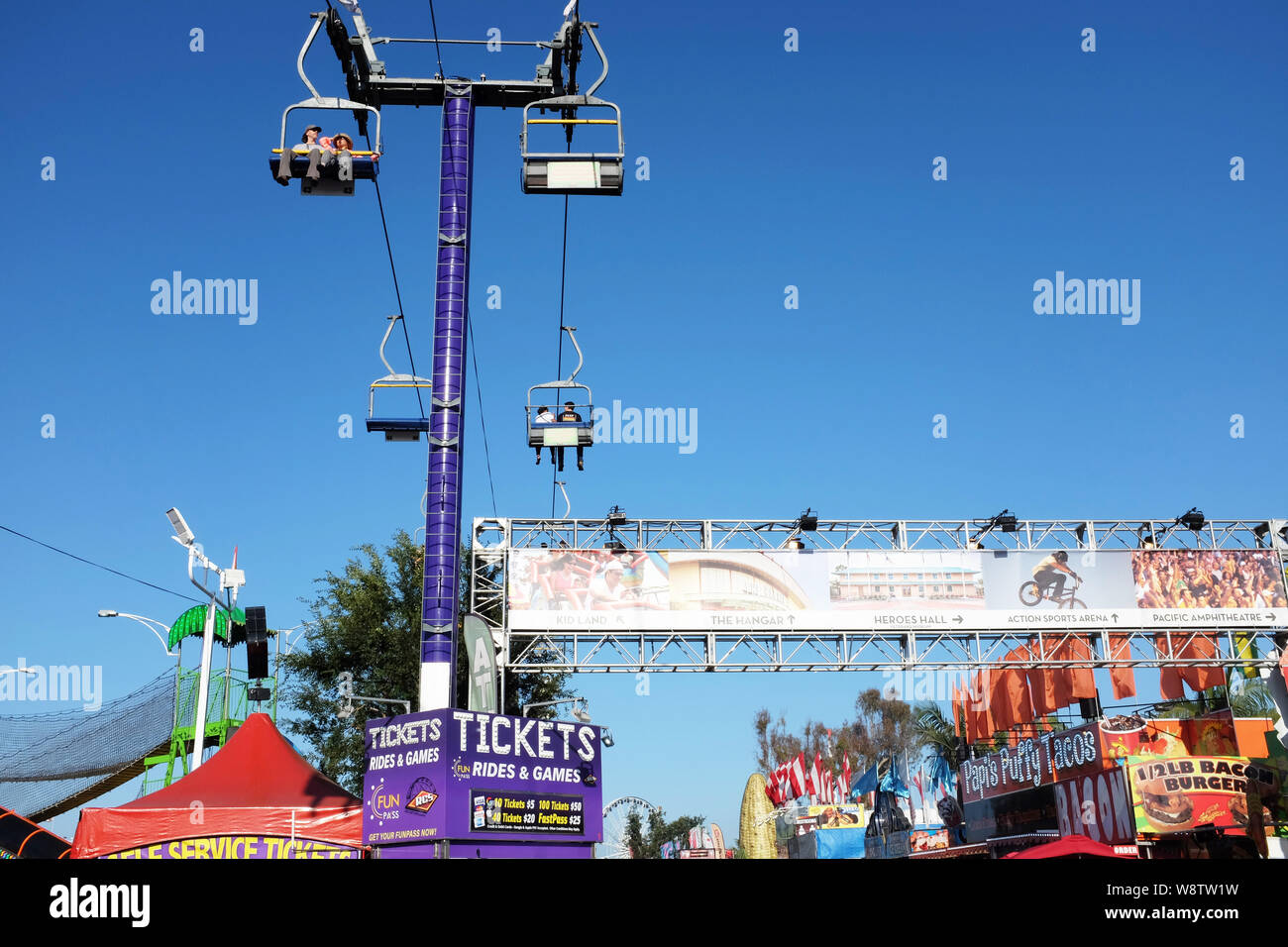COSTA MESA, CALIFORNIA AUG 8, 2019 People ride the Aerial Lift over