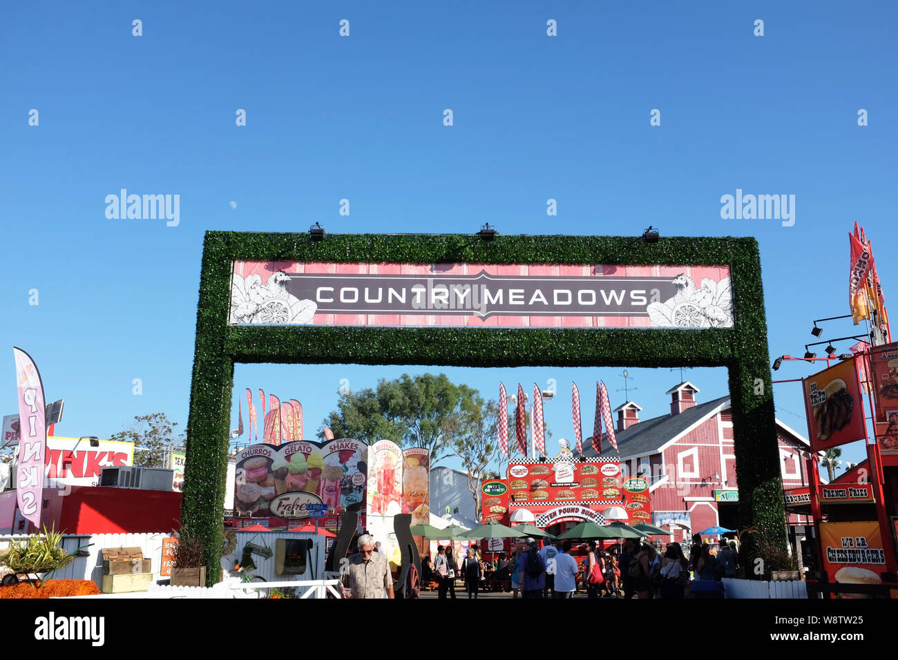 COSTA MESA, CALIFORNIA - AUG 8, 2019: Country Meadows Banner at the Orange County Fairgrounds, with the Centennial Barn in the background. Stock Photo