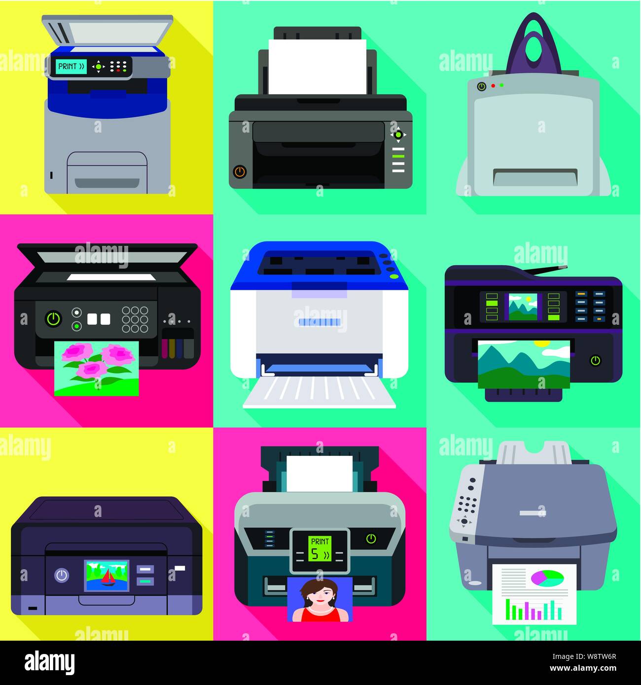 Ink modern printer icon set. Flat set of 9 ink modern printer vector ...
