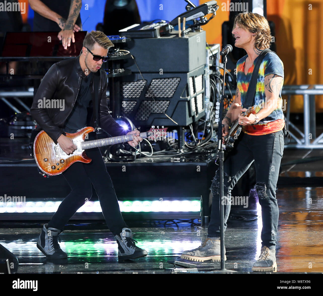 NEW YORK - AUG 9: Keith Urban (R) and Danny Rader perform on ABC's 'Good Morning America' on August 9, 2019 at Rumsey Playfield in New York City. Stock Photo