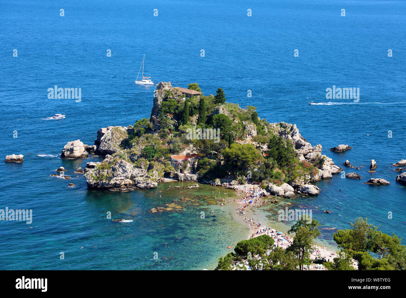 Aerial view of Isola Bella island in Taormina, Italy Stock Photo