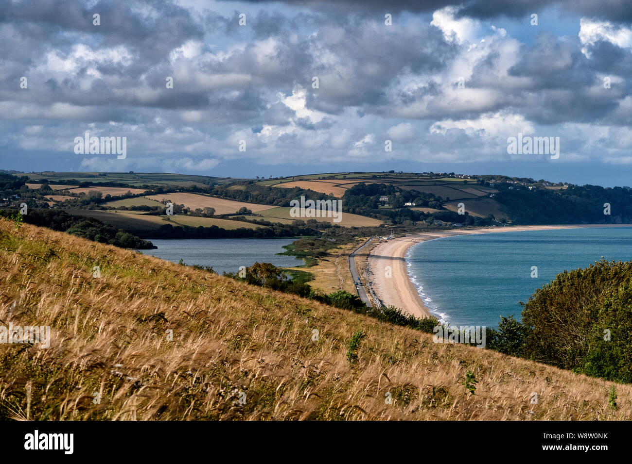 Slapton sands beach and the freshwater of Slapton Ley on the left in ...