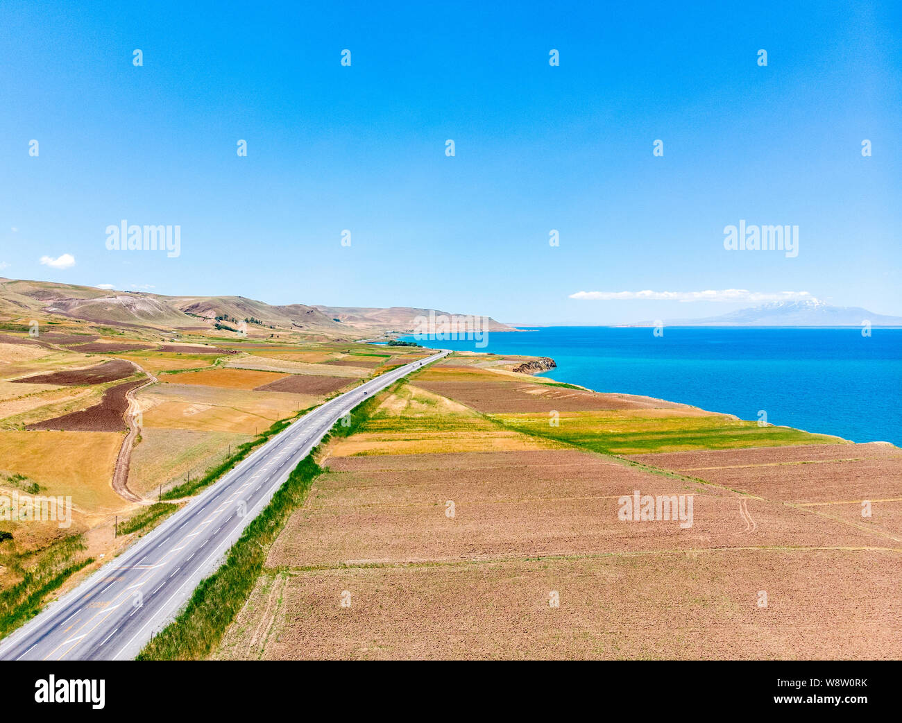 Aerial view of Lake Van, Turkey. Fields and cliffs overlooking the ...
