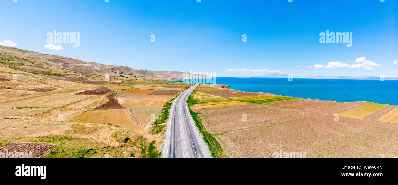 Aerial view of Lake Van, Turkey. Fields and cliffs overlooking the ...