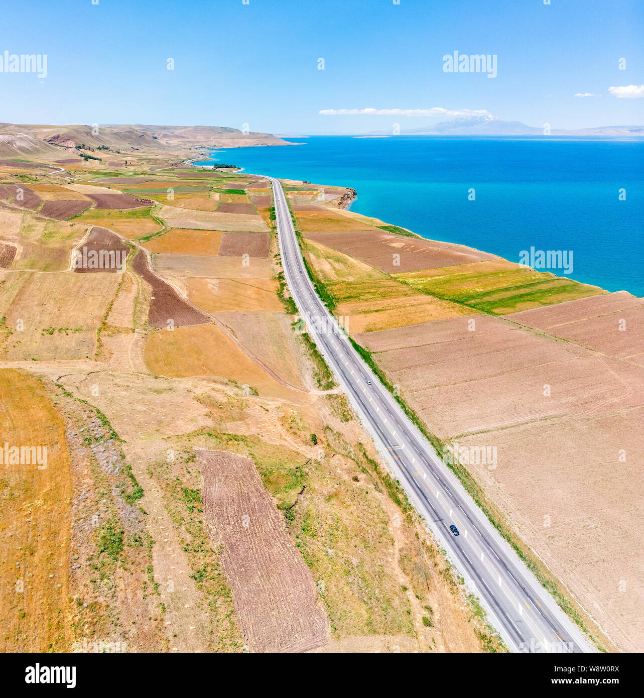 Aerial view of Lake Van, Turkey. Fields and cliffs overlooking the ...