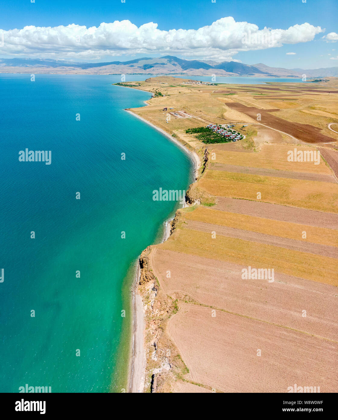 Aerial view of Lake Van, Turkey. Fields and cliffs overlooking the ...