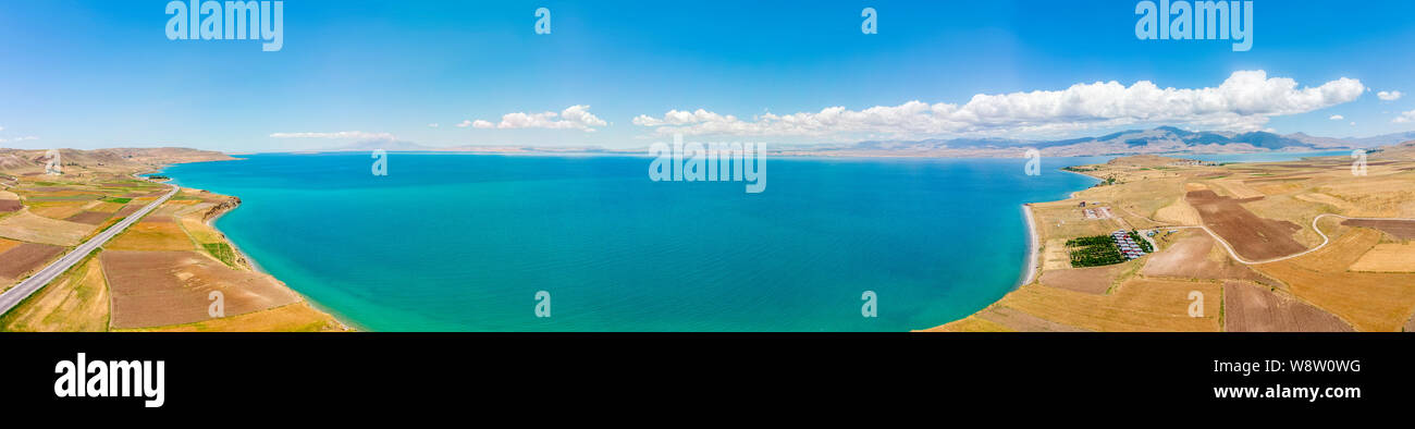 Aerial view of Lake Van, Turkey. Fields and cliffs overlooking the ...