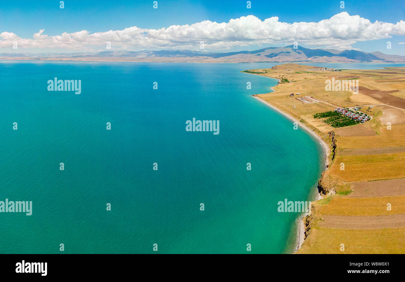 Aerial view of Lake Van, Turkey. Fields and cliffs overlooking the ...