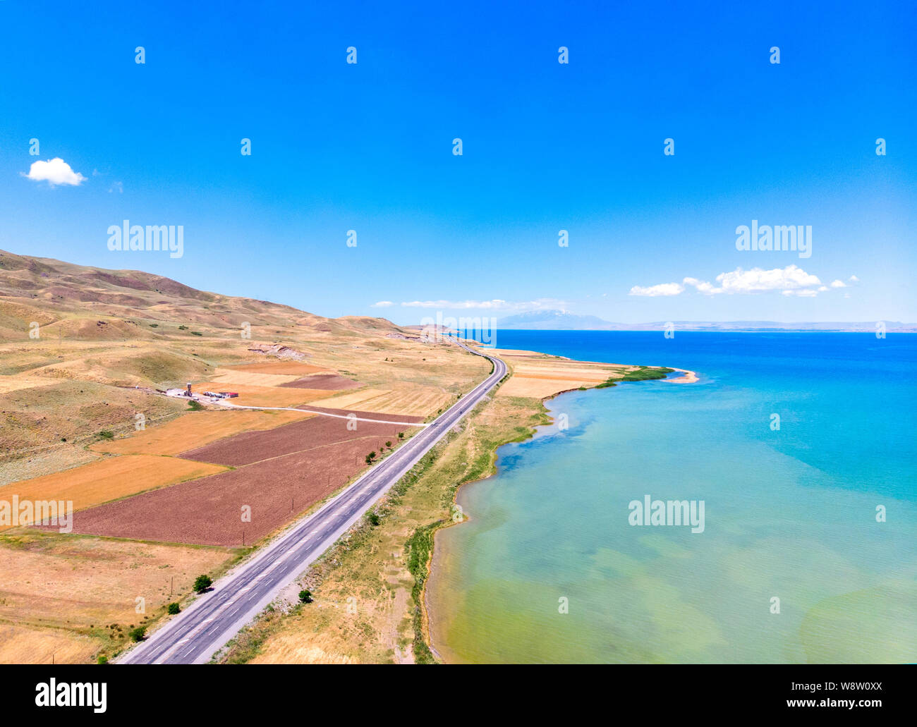 Aerial view of Lake Van, Turkey. Fields and cliffs overlooking the ...